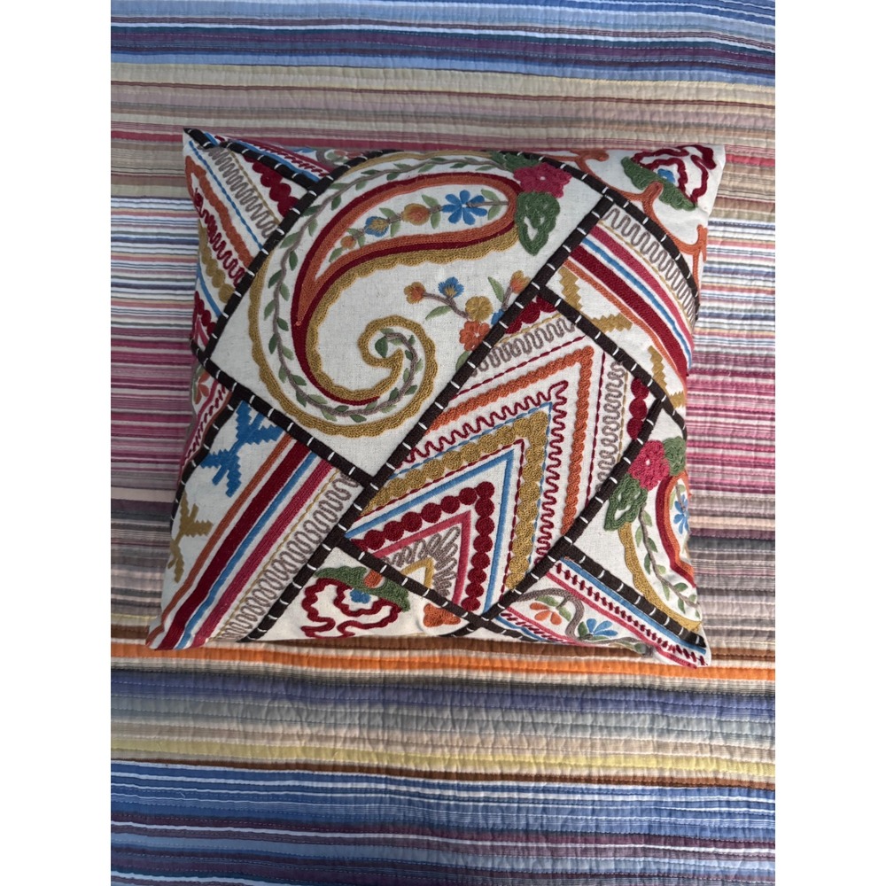 Pier 1 Embroidered Paisley Patchwork Throw Pillow Multi Color Boho 16x16